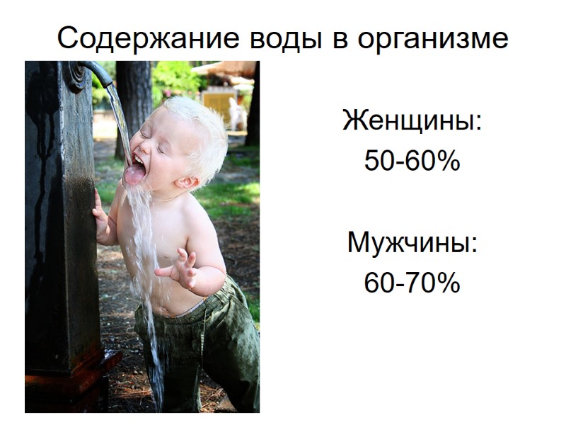 Содержание воды в организме Женщины: 50-60%  Мужчины: 60-70%